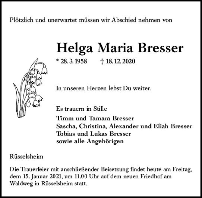  Traueranzeige für Helga Maria Bresser vom 15.01.2021 aus vrm-trauer