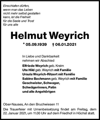 Traueranzeige von Helmut Weyrich von vrm-trauer