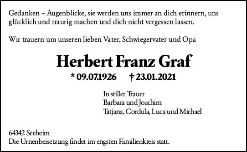  Traueranzeige für Herbert Franz Graf vom 30.01.2021 aus vrm-trauer
