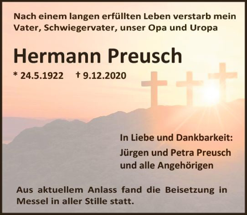  Traueranzeige für Hermann Preusch vom 16.01.2021 aus vrm-trauer