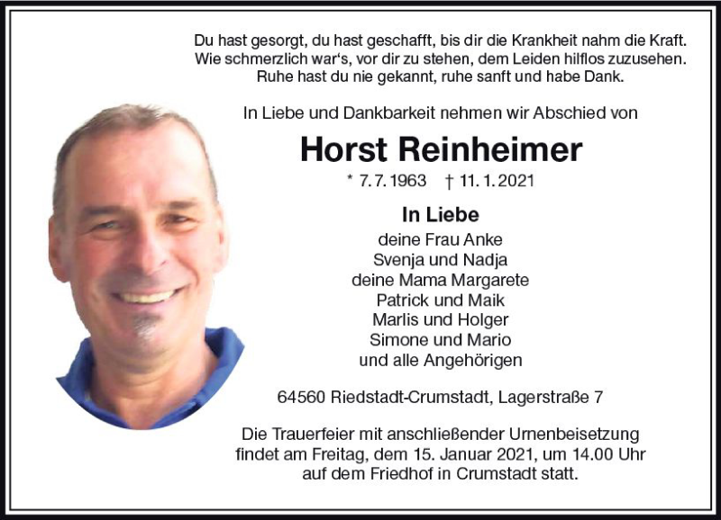  Traueranzeige für Horst Reinheimer vom 13.01.2021 aus vrm-trauer
