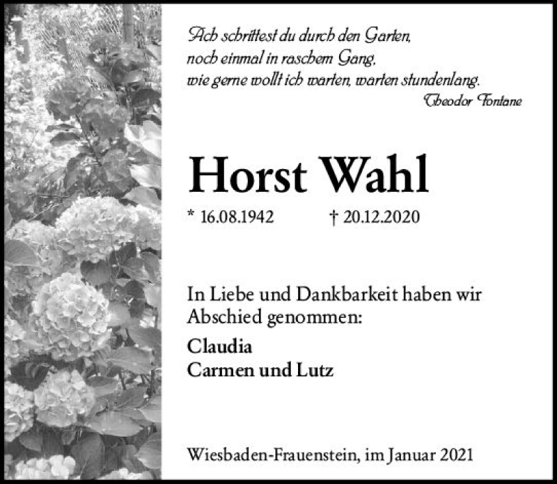  Traueranzeige für Horst Wahl vom 16.01.2021 aus vrm-trauer