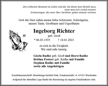 Traueranzeige von Ingeborg Richter von vrm-trauer