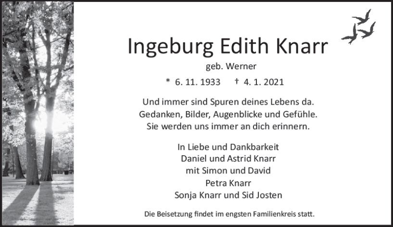  Traueranzeige für Ingeburg Edith Knarr vom 09.01.2021 aus vrm-trauer
