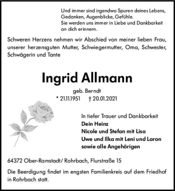 Traueranzeige von Ingrid Allmann von vrm-trauer