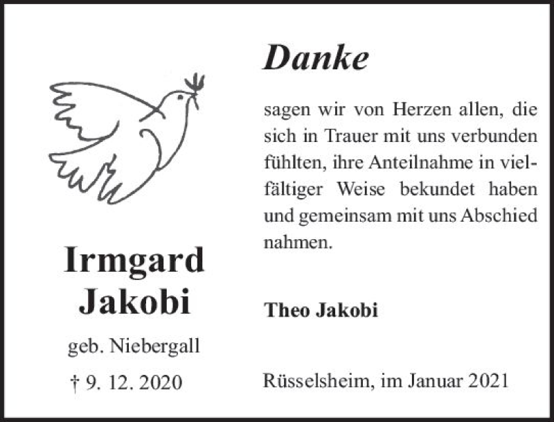  Traueranzeige für Irmgard Jakobi vom 09.01.2021 aus vrm-trauer