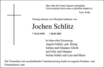 Traueranzeige von Jochen Schlitz von vrm-trauer