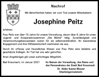 Traueranzeige von Josephine Peitz von vrm-trauer