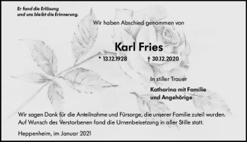 Traueranzeige von Karl Fries von vrm-trauer