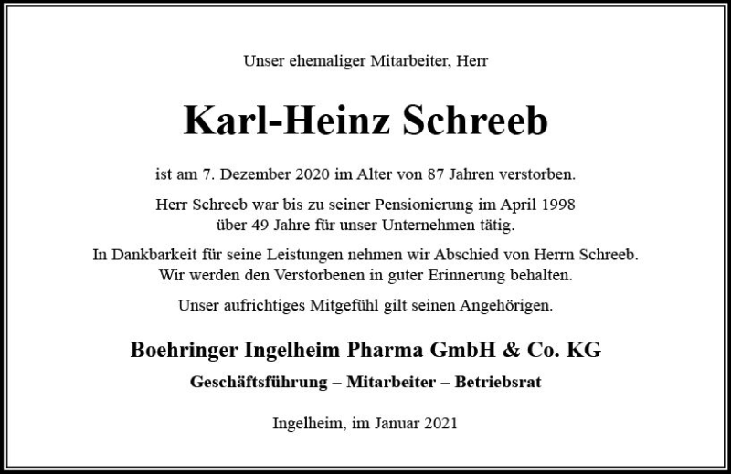  Traueranzeige für Karl-Heinz Schreeb vom 07.01.2021 aus vrm-trauer