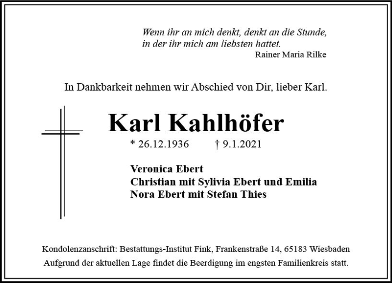  Traueranzeige für Karl Kahlhöfer vom 16.01.2021 aus vrm-trauer