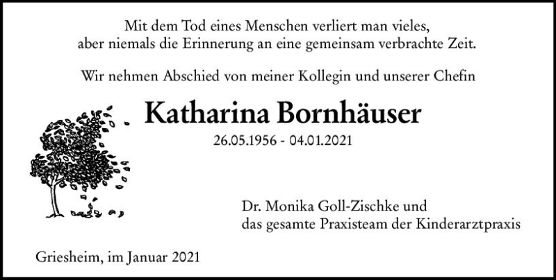  Traueranzeige für Katharina Bornhäuser vom 09.01.2021 aus vrm-trauer