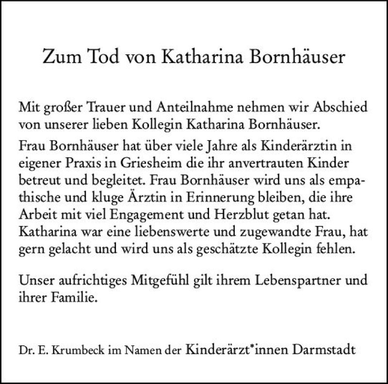  Traueranzeige für Katharina Bornhäuser vom 09.01.2021 aus vrm-trauer