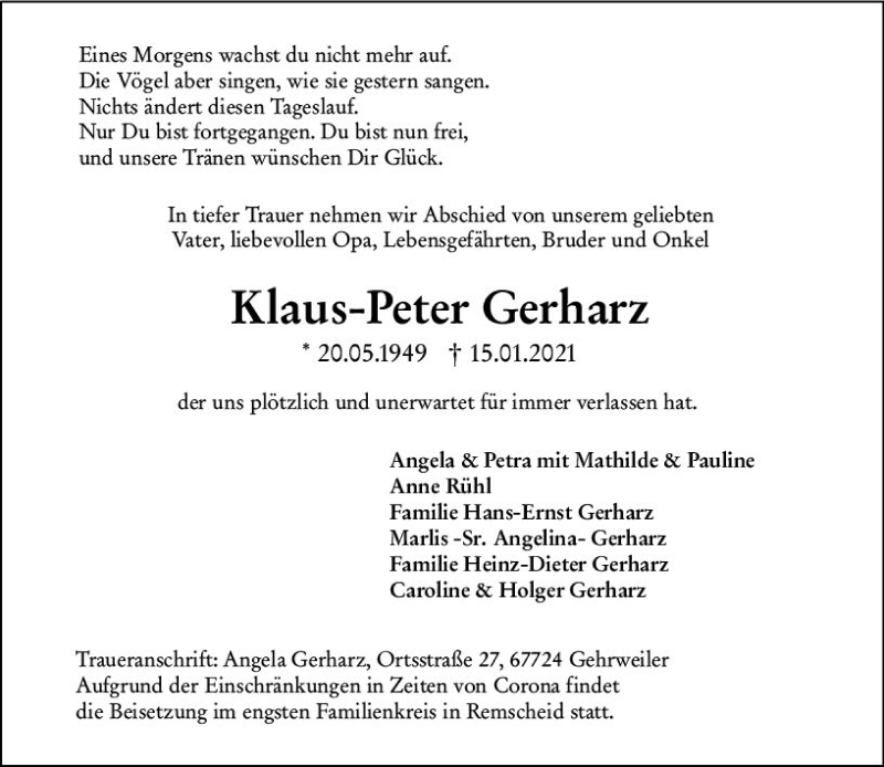  Traueranzeige für Klaus-Peter Gerharz vom 19.01.2021 aus vrm-trauer