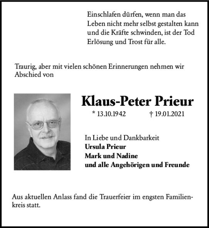  Traueranzeige für Klaus-Peter Prieur vom 30.01.2021 aus vrm-trauer