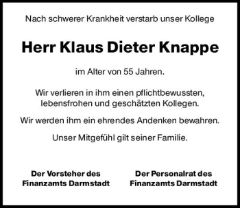 Traueranzeige von Klaus Dieter Knappe von vrm-trauer