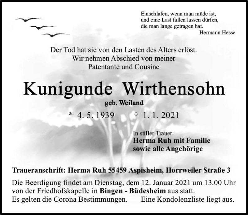  Traueranzeige für Kunigunde Wirthensohn vom 06.01.2021 aus vrm-trauer