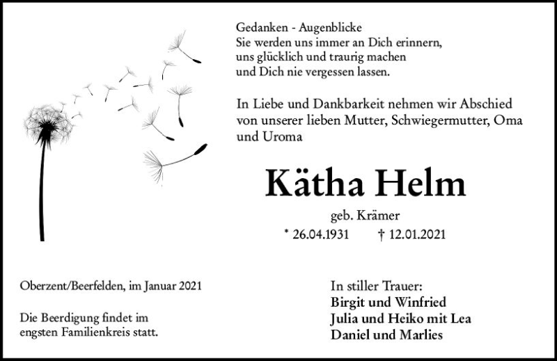  Traueranzeige für Kätha Helm vom 16.01.2021 aus vrm-trauer