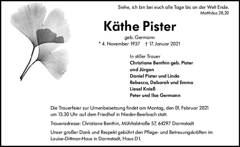  Traueranzeige für Käthe Pister vom 23.01.2021 aus vrm-trauer