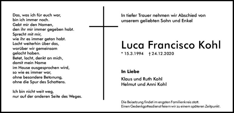  Traueranzeige für Luca Francisco Kohl vom 02.01.2021 aus vrm-trauer
