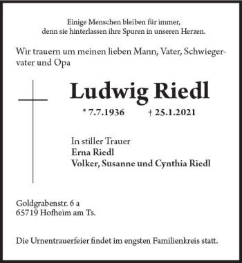Traueranzeige von Ludwig Riedl von vrm-trauer