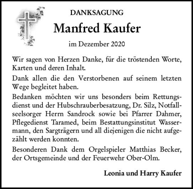  Traueranzeige für Manfred Kaufer vom 09.01.2021 aus vrm-trauer