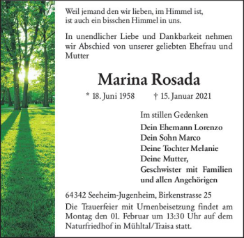 Traueranzeige von Marina Rosada von vrm-trauer
