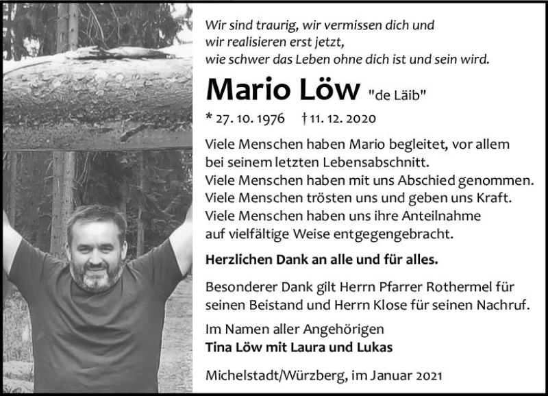  Traueranzeige für Mario Löw vom 30.01.2021 aus vrm-trauer