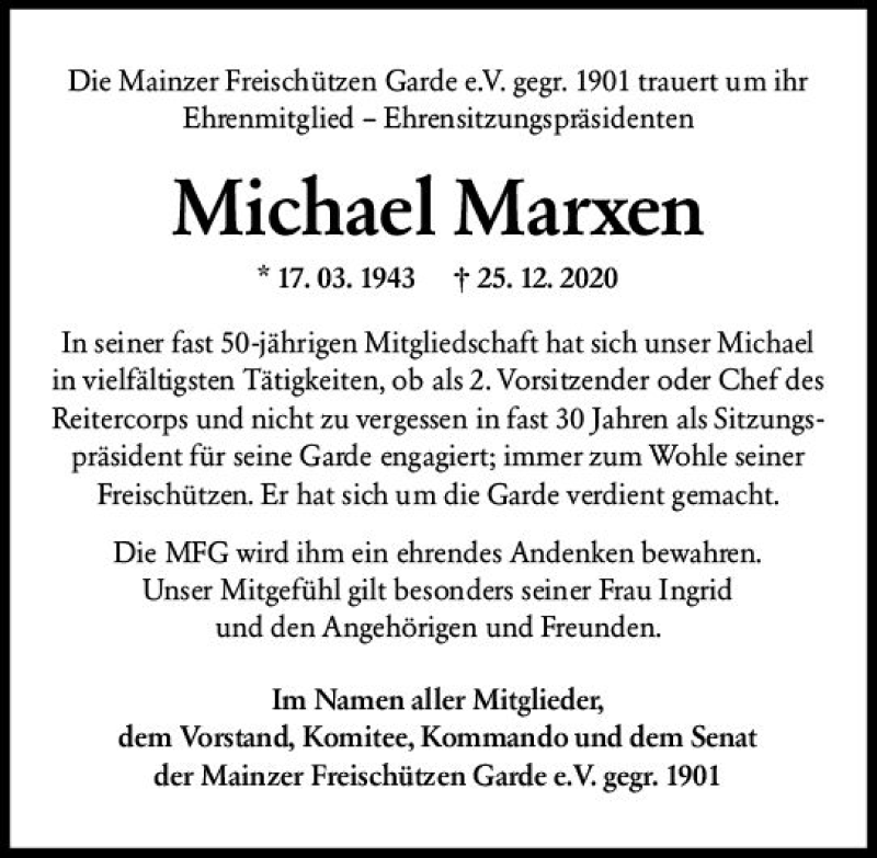  Traueranzeige für Michael Marxen vom 02.01.2021 aus vrm-trauer