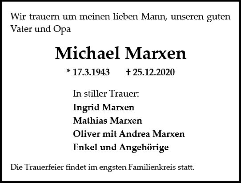  Traueranzeige für Michael Marxen vom 02.01.2021 aus vrm-trauer