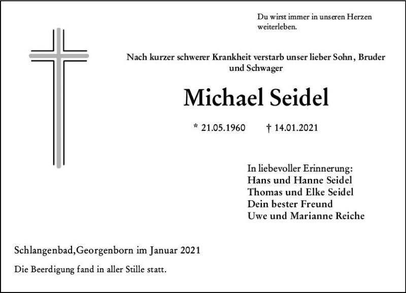  Traueranzeige für Michael Seidel vom 30.01.2021 aus vrm-trauer