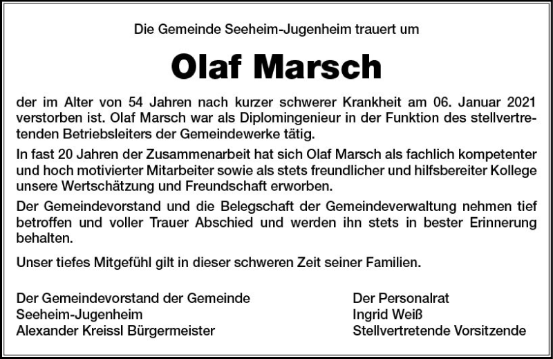  Traueranzeige für Olaf Marsch vom 16.01.2021 aus vrm-trauer