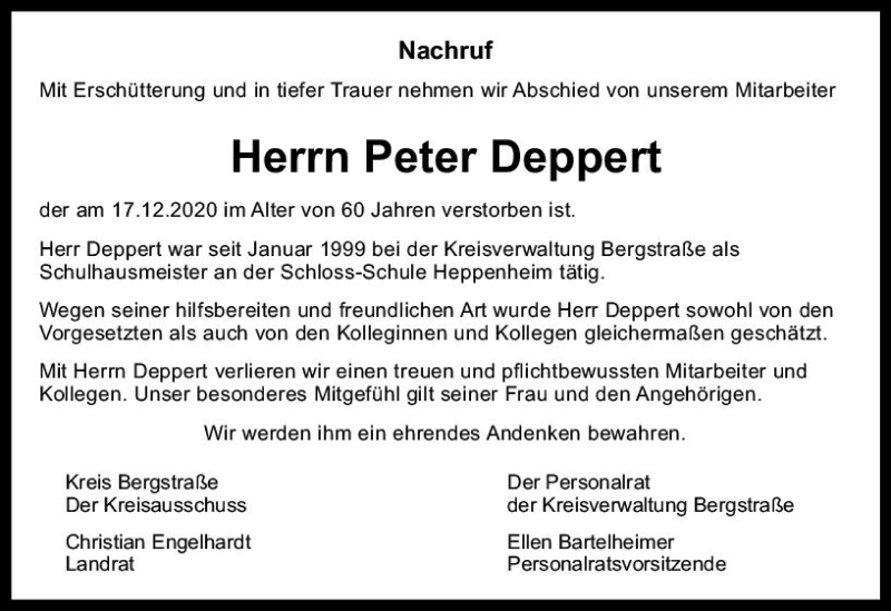  Traueranzeige für Peter Deppert vom 13.01.2021 aus vrm-trauer
