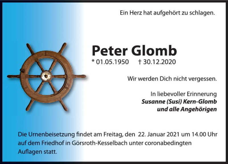  Traueranzeige für Peter Glomb vom 16.01.2021 aus vrm-trauer