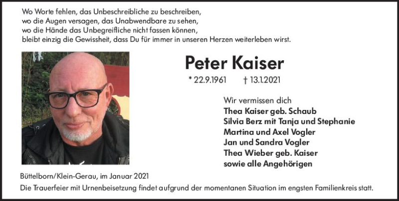  Traueranzeige für Peter Kaiser vom 23.01.2021 aus vrm-trauer