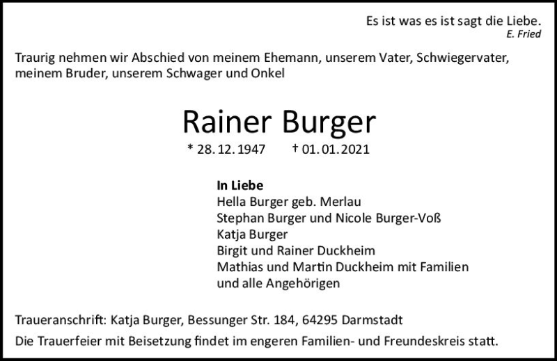  Traueranzeige für Rainer Burger vom 09.01.2021 aus vrm-trauer