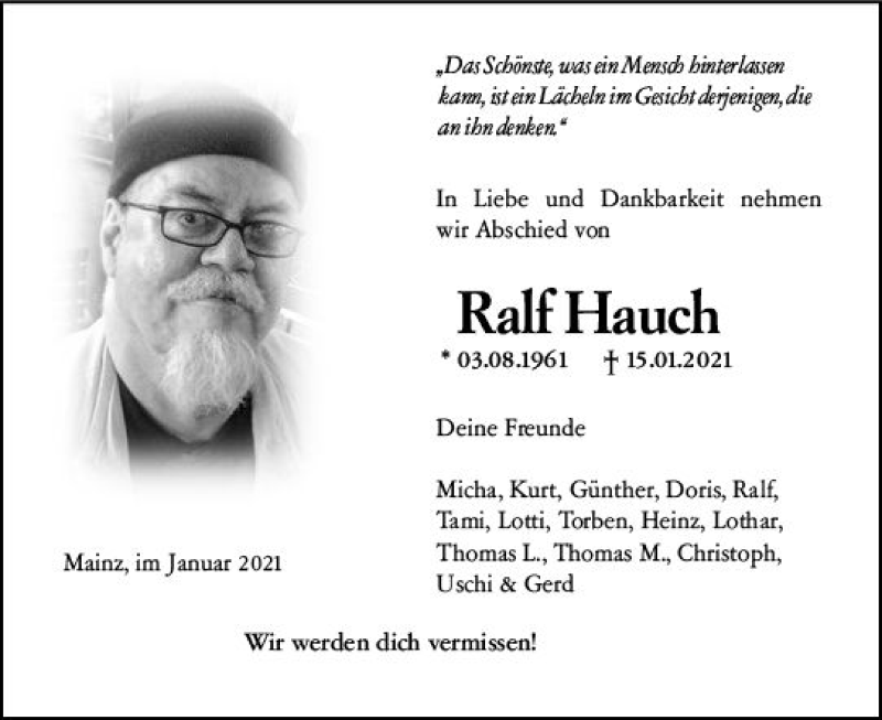  Traueranzeige für Ralf Hauch vom 27.01.2021 aus vrm-trauer
