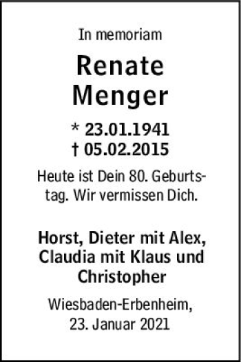 Traueranzeige von Renate Menger von vrm-trauer