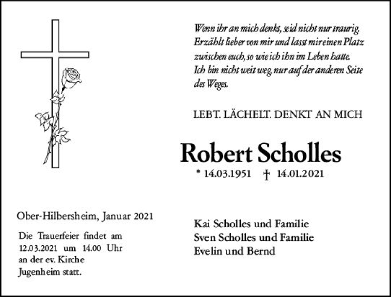  Traueranzeige für Robert Scholles vom 30.01.2021 aus vrm-trauer