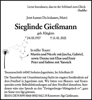 Traueranzeige von Sieglinde Gießmann von vrm-trauer