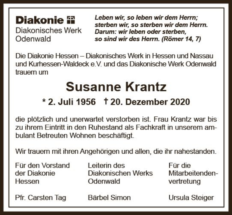  Traueranzeige für Susanne Krantz vom 14.01.2021 aus vrm-trauer