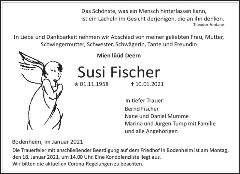  Traueranzeige für Susi Fischer vom 16.01.2021 aus vrm-trauer