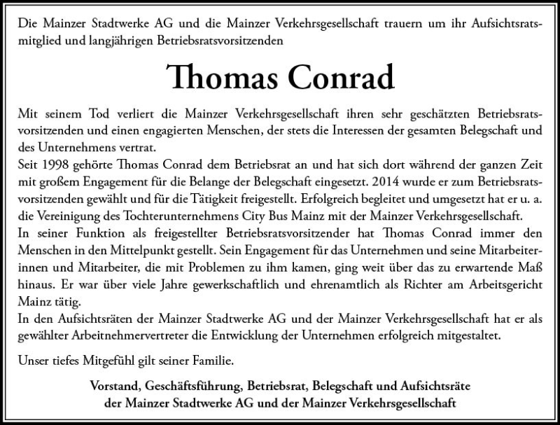  Traueranzeige für Thomas Conrad vom 16.01.2021 aus vrm-trauer