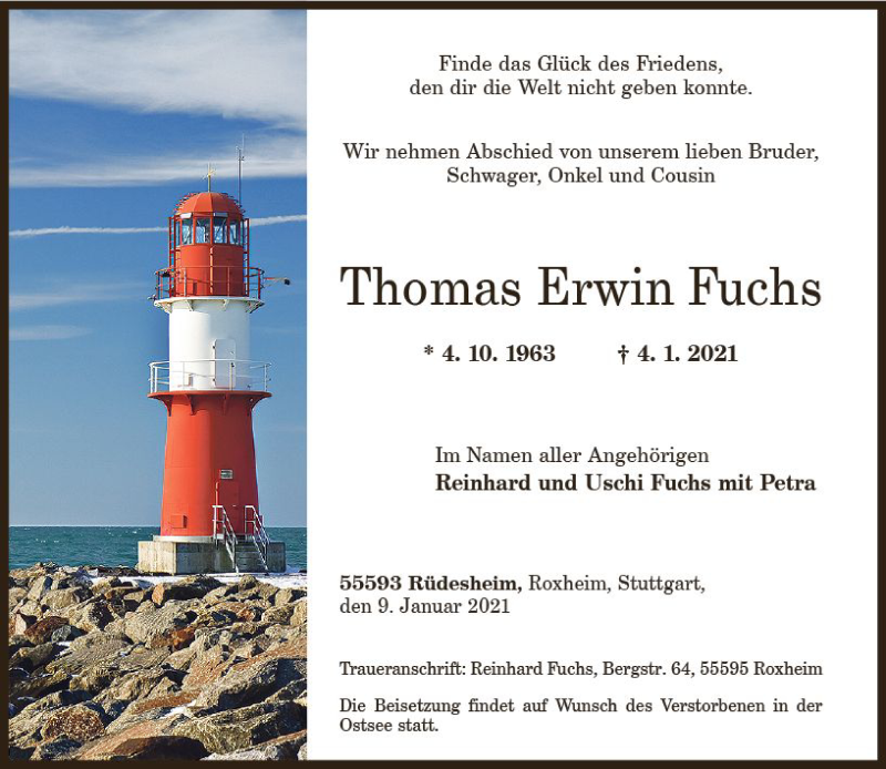  Traueranzeige für Thomas Erwin Fuchs vom 09.01.2021 aus vrm-trauer