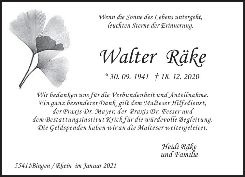  Traueranzeige für Walter Räke vom 16.01.2021 aus vrm-trauer