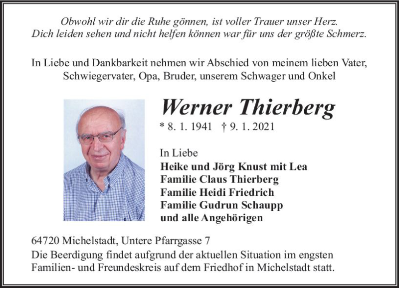  Traueranzeige für Werner Thierberg vom 13.01.2021 aus vrm-trauer