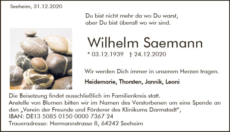  Traueranzeige für Wilhelm Saemann vom 02.01.2021 aus vrm-trauer