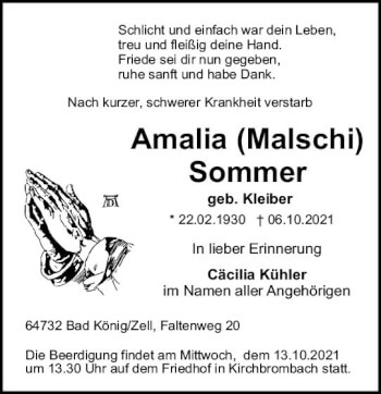 Traueranzeige von Amalia Sommer von vrm-trauer