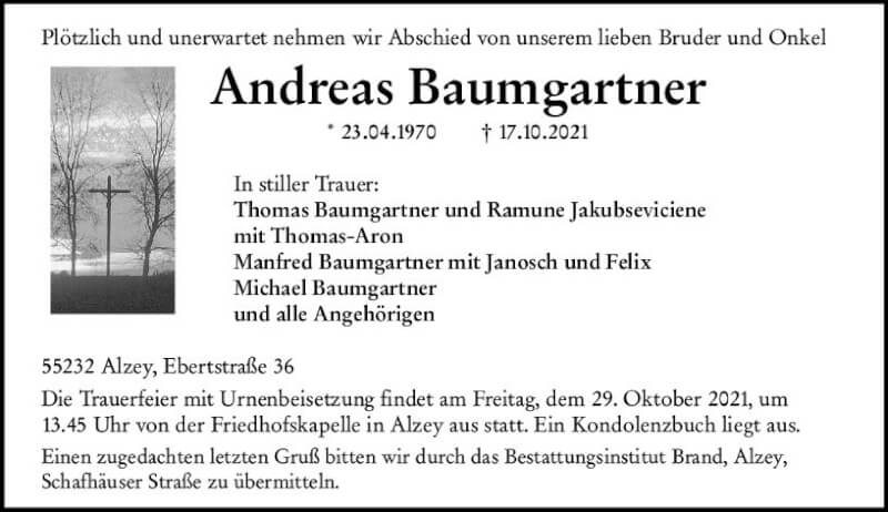  Traueranzeige für Andreas Baumgartner vom 23.10.2021 aus vrm-trauer
