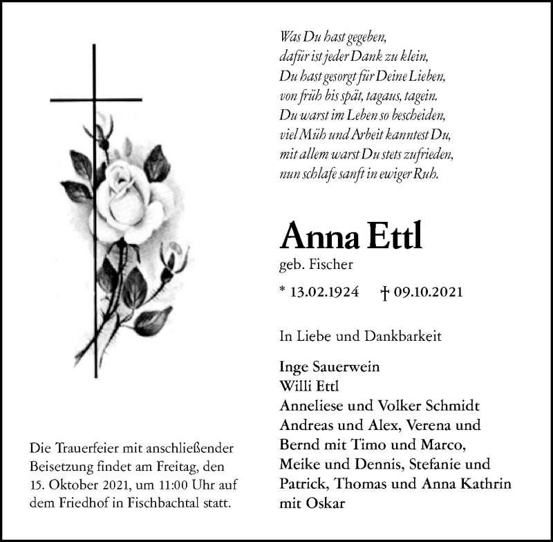  Traueranzeige für Anna Ettl vom 13.10.2021 aus vrm-trauer